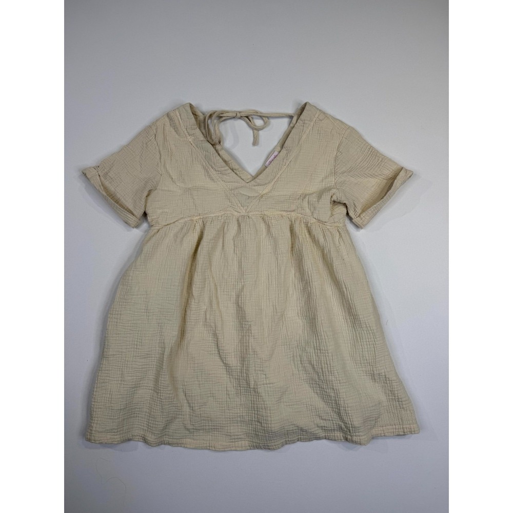 Pink Lily Babydoll Mini Dress Womens Small Cream Gauze Double V Neck Tie Back